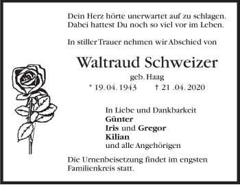 Traueranzeige von Waltraud Schweizer von Marbacher Zeitung