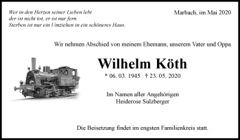 Traueranzeige von Wilhelm Köth von Marbacher Zeitung
