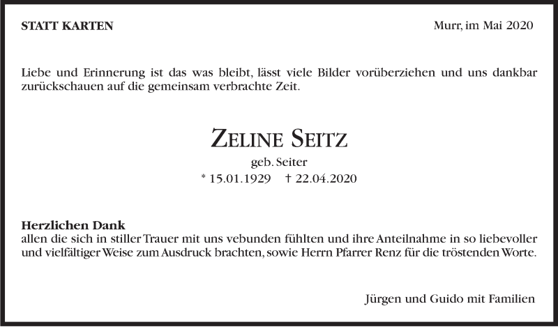  Traueranzeige für Zeline Seitz vom 06.05.2020 aus Marbacher Zeitung