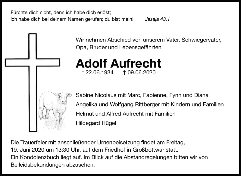  Traueranzeige für Adolf Aufrecht vom 13.06.2020 aus Marbacher Zeitung