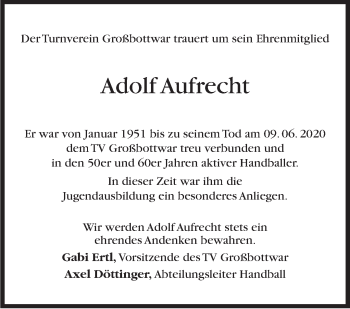 Traueranzeige von Adolf Aufrecht von Marbacher Zeitung