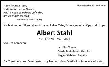 Traueranzeige von Albert Stahl von Marbacher Zeitung