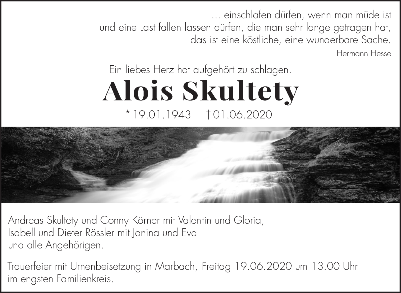  Traueranzeige für Alois Skultety vom 13.06.2020 aus Marbacher Zeitung