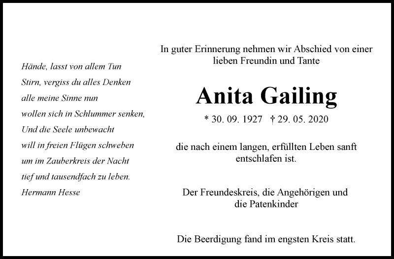  Traueranzeige für Anita Gailing vom 10.06.2020 aus Marbacher Zeitung