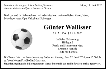 Traueranzeige von Günter Wallisser von Marbacher Zeitung