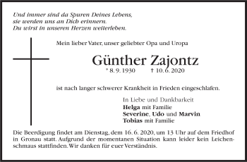 Traueranzeige von Günther Zajontz von Marbacher Zeitung