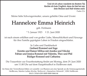 Traueranzeige von Hannelore Emma Heinrich von Marbacher Zeitung