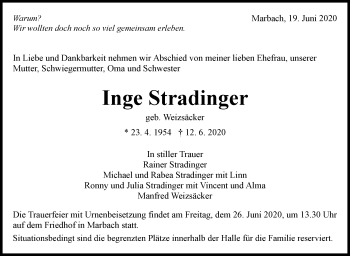 Traueranzeige von Inge Stradinger von Marbacher Zeitung