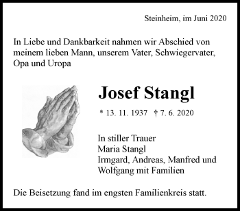 Traueranzeige von Josef Stangl von Marbacher Zeitung