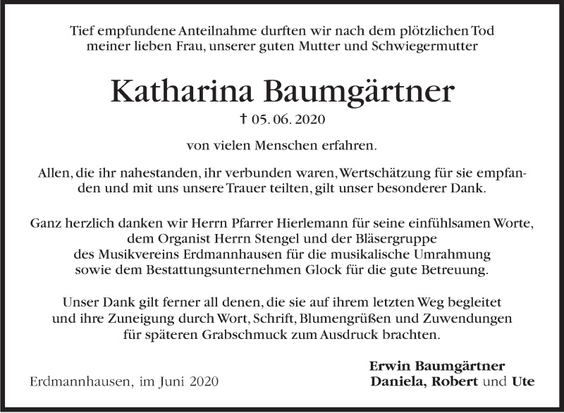  Traueranzeige für Katharina Baumgärtner vom 19.06.2020 aus Marbacher Zeitung