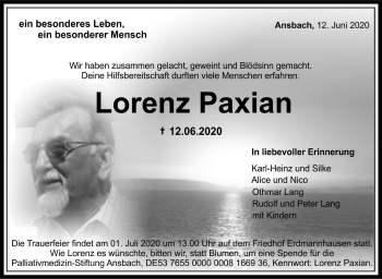 Traueranzeige von Lorenz Paxian von Marbacher Zeitung