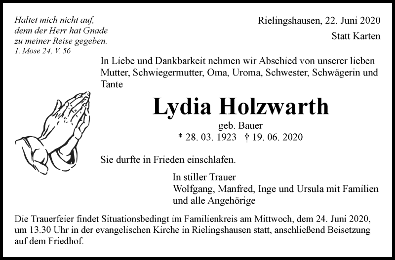  Traueranzeige für Lydia Holzwarth vom 22.06.2020 aus Marbacher Zeitung