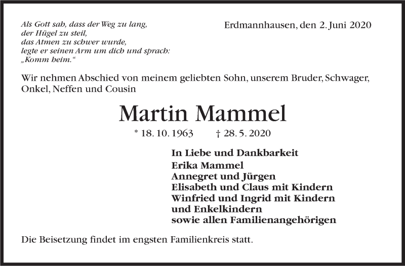  Traueranzeige für Martin Mammel vom 02.06.2020 aus Marbacher Zeitung