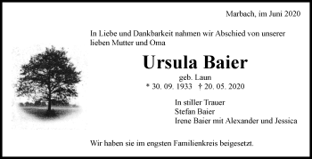 Traueranzeige von Ursula Baier von Marbacher Zeitung
