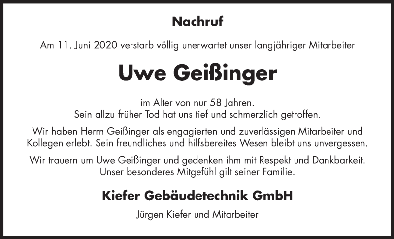  Traueranzeige für Uwe Geißinger vom 26.06.2020 aus Marbacher Zeitung