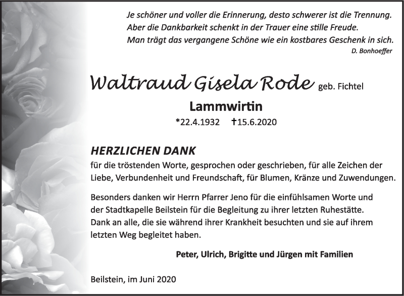  Traueranzeige für Waltraud Gisela Rode vom 27.06.2020 aus Marbacher Zeitung