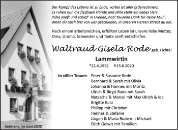 Traueranzeige von Waltraud Gisela Rode von Marbacher Zeitung