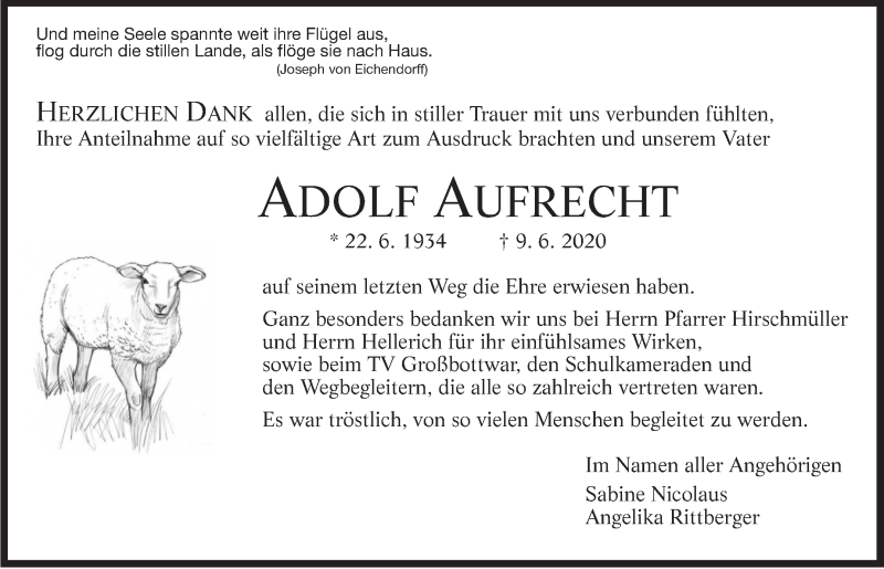  Traueranzeige für Adolf Aufrecht vom 03.07.2020 aus Marbacher Zeitung