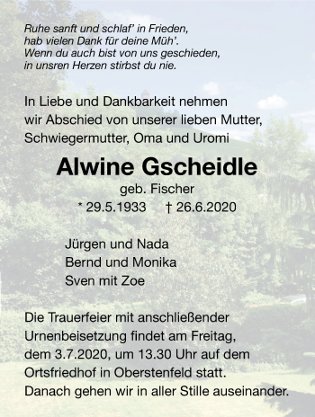 Traueranzeige von Alwine Gscheidle von Marbacher Zeitung