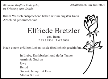 Traueranzeige von Elfriede Bretzler von Marbacher Zeitung