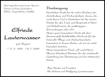 Traueranzeige von Elfriede Lauterwasser von Marbacher Zeitung