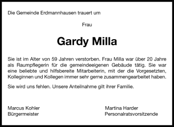 Traueranzeige von Gardy Milla von Marbacher Zeitung