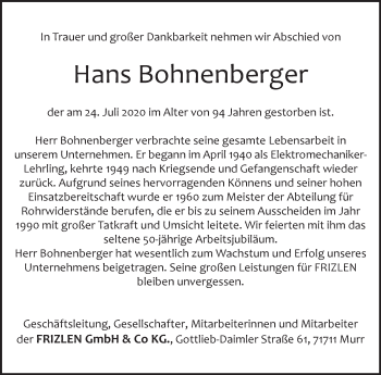 Traueranzeige von Hans Bohnenberger von Marbacher Zeitung