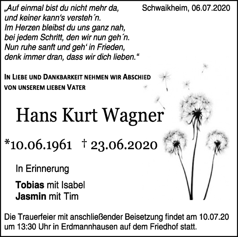  Traueranzeige für Hans Kurt Wagner vom 08.07.2020 aus Marbacher Zeitung
