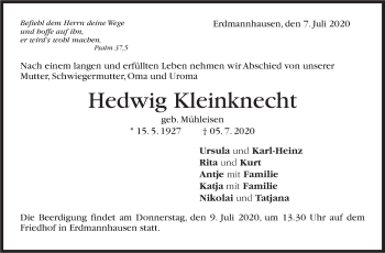 Traueranzeige von Hedwig Kleinknecht von Marbacher Zeitung