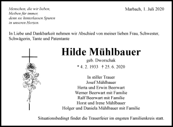 Traueranzeige von Hilde Mühlbauer von Marbacher Zeitung