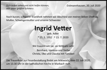 Traueranzeige von Ingrid Vetter von Marbacher Zeitung