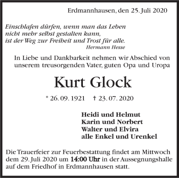Traueranzeige von Kurt Glock von Marbacher Zeitung