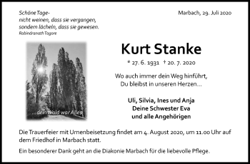 Traueranzeige von Kurt Stanke von Marbacher Zeitung