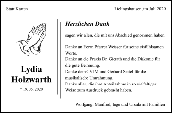 Traueranzeige von Lydia Holzwarth von Marbacher Zeitung