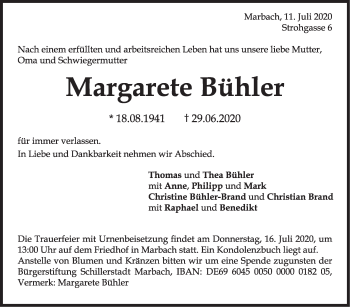 Traueranzeige von Margarete Bühler von Marbacher Zeitung