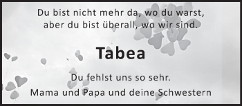 Traueranzeige von Tabea  von Marbacher Zeitung