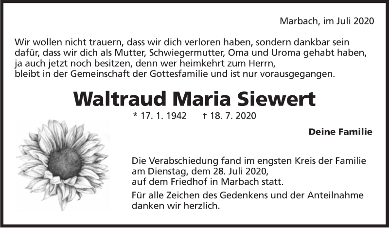  Traueranzeige für Waltraud Maria Siewert vom 29.07.2020 aus Marbacher Zeitung