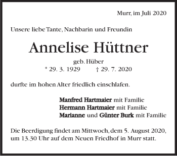 Traueranzeige von Annelise Hüttner von Marbacher Zeitung