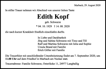 Traueranzeige von Edith Kopf von Marbacher Zeitung