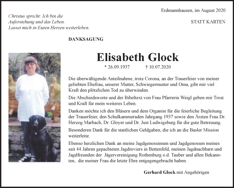  Traueranzeige für Elisabeth Glock vom 05.08.2020 aus Marbacher Zeitung