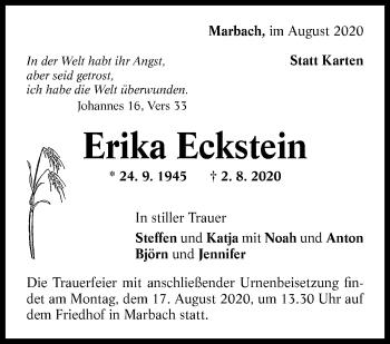 Traueranzeige von Erika Eckstein von Marbacher Zeitung
