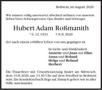 Traueranzeige von Hubert Adam Roßmanith von Marbacher Zeitung