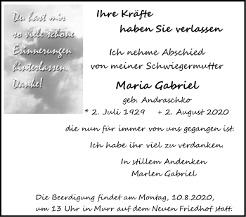 Traueranzeige von Maria Gabriel von Marbacher Zeitung