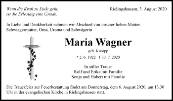Traueranzeige von Maria Wagner von Marbacher Zeitung