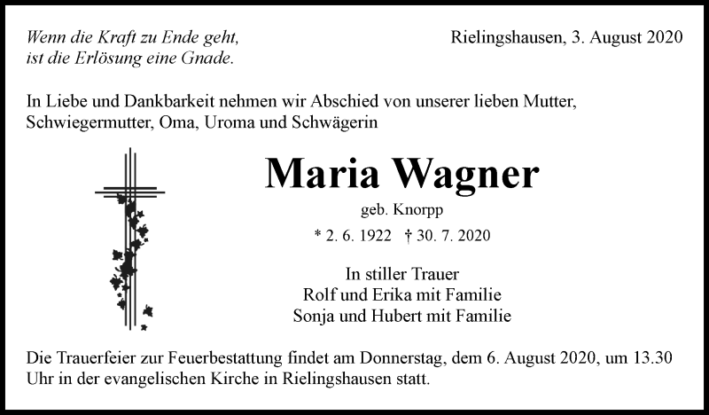  Traueranzeige für Maria Wagner vom 03.08.2020 aus Marbacher Zeitung