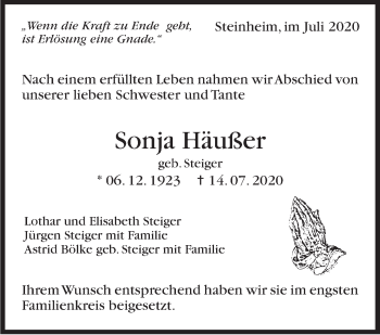 Traueranzeige von Sonja Häußer von Marbacher Zeitung