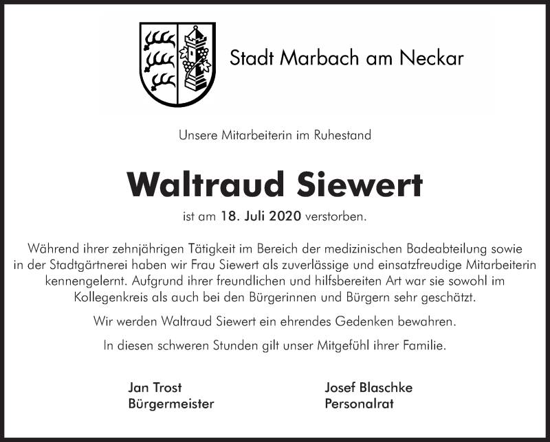  Traueranzeige für Waltraud Siewert vom 05.08.2020 aus Marbacher Zeitung