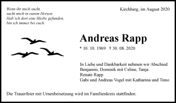 Traueranzeige von Andreas Rapp von Marbacher Zeitung