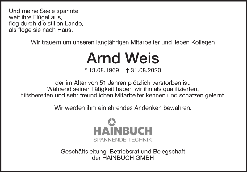  Traueranzeige für Arnd Weis vom 03.09.2020 aus Marbacher Zeitung