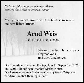 Traueranzeige von Arnd Weis von Marbacher Zeitung
